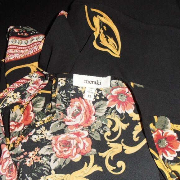 Meraki Cold Shoulder Blouse XL Black Floral Boho Scroll Print Top Keyhole Back - Picture 4 of 4